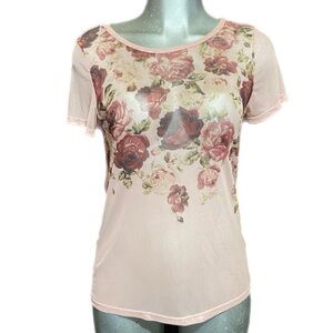 Y2K Mesh Fitted Top Tee Floral Pink Sheer Romantic Cottagecore Angelcore Large